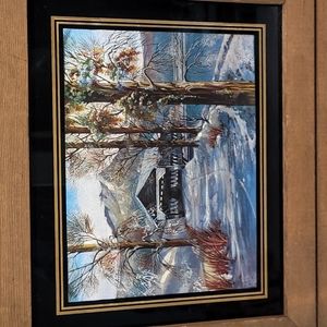 Vintage 1978 foil engraving snowy covered bridge mountain  wood frame USA LuLus